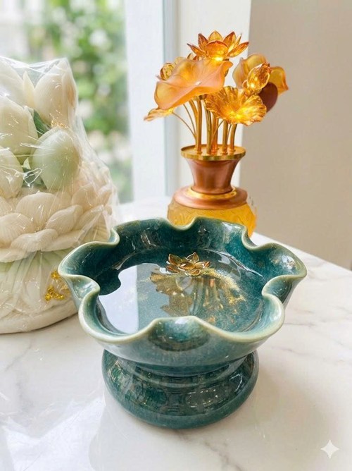 bát hoa kèm đế 16cm xanh cẩm thạch