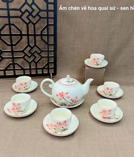 Bộ ấm chén vẽ hoa quai sứ - sen hồng