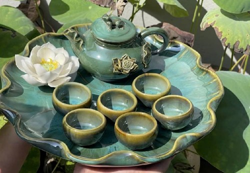 Bộ trà đắp sen khay lá sen