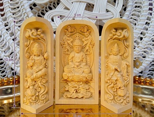 Hộp Gỗ 3 Mặt Phật Nhỏ ( thế chí-di đà- quan âm) ngồi kiểu 1