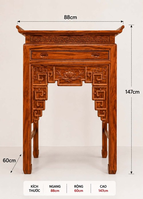 Bàn Thờ 1 Tầng gỗ Hương 88cm cao 147cm