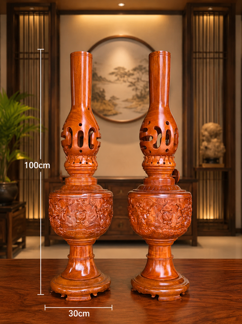 đèn dầu chạm rồng 1m gỗ hương