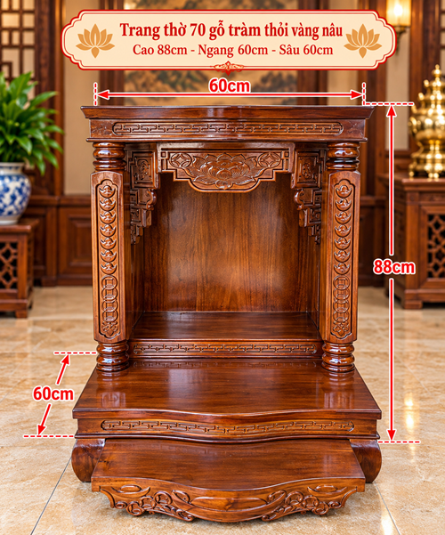 Trang thờ 70 gỗ tràm thỏi vàng nâu.